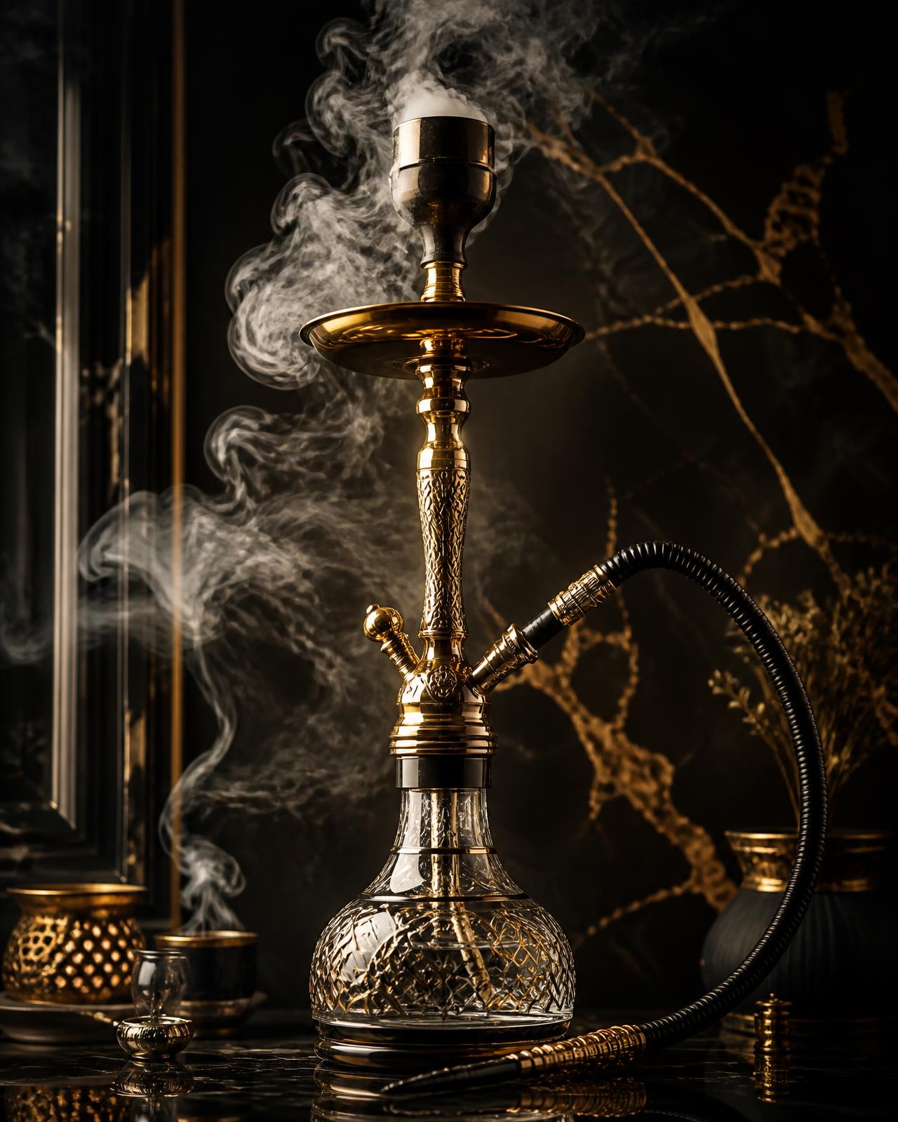 Ornate brass and glass hookah with drifting smoke in a dark marble lounge